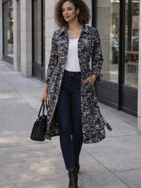 Coldwater Creek Trench Coat Size S/8 Navy Brushstroke Print